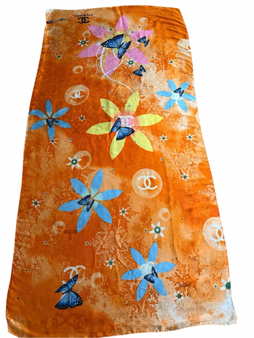 CHANEL Orange Floral & Butterfly Silk Scarf 69X33